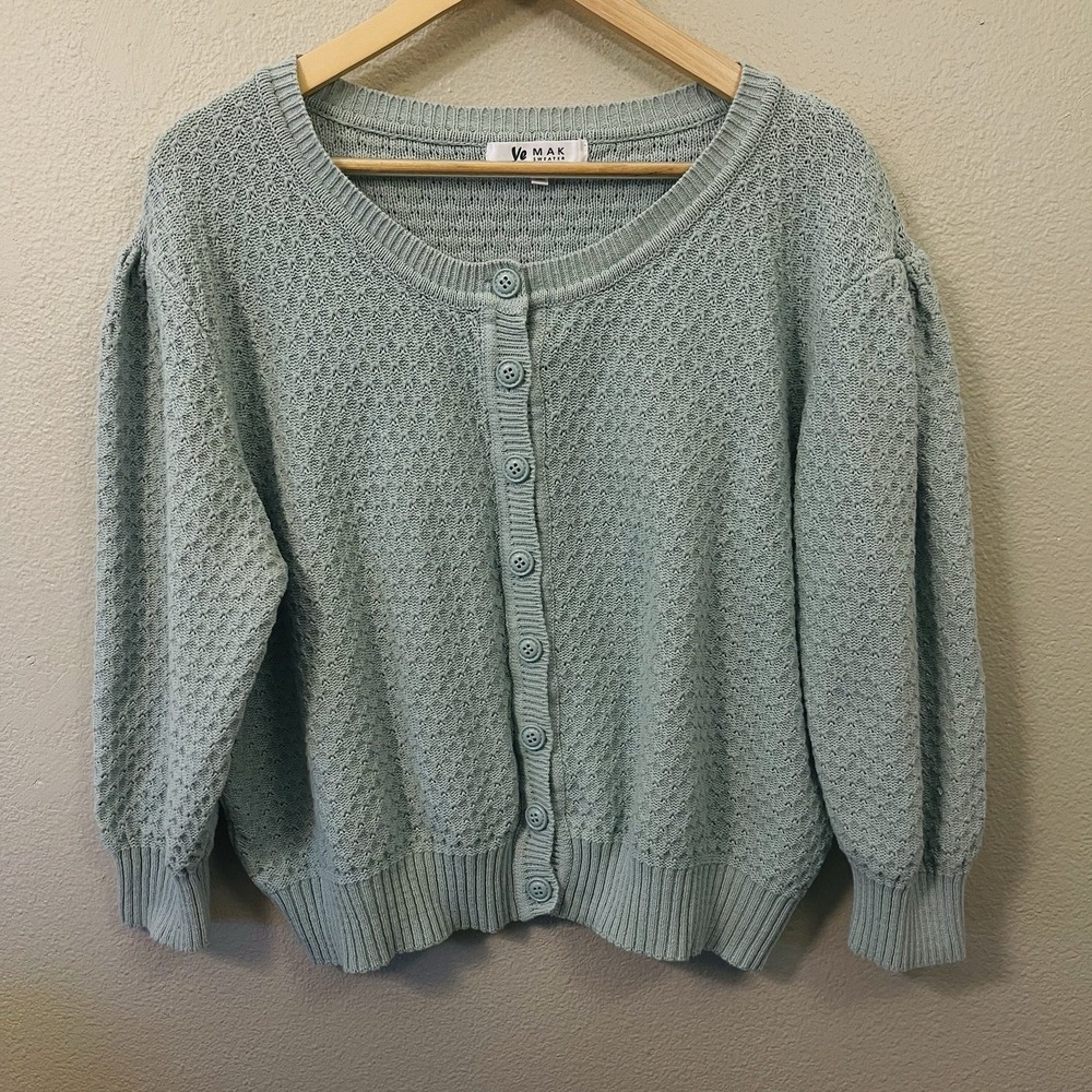 Ye Mak Cropped Cotton Knit Cardigan Seafoam Green Cottage Boho Plus Size 3X‎
